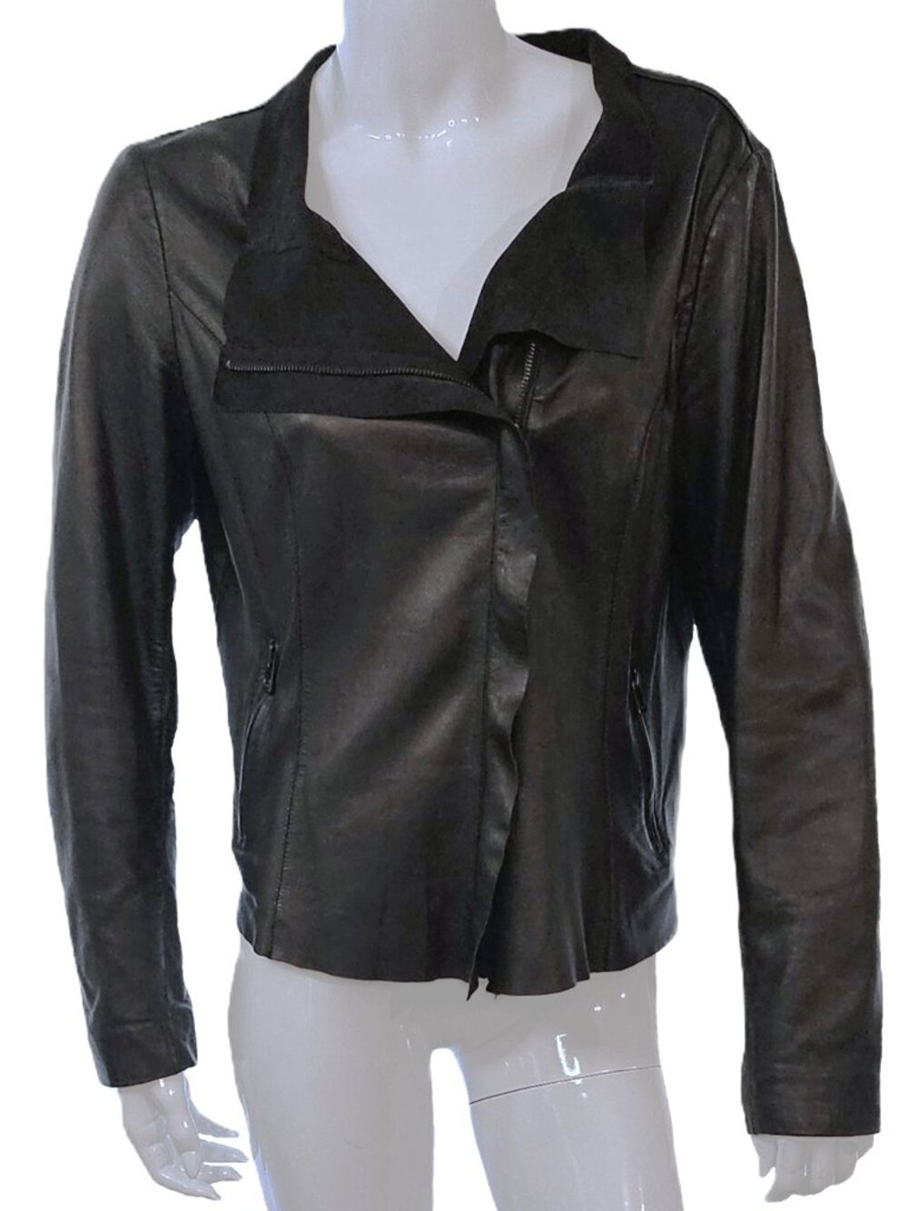 BOD & CHRISTENSEN Black Liquid Leather Drape Front Moto Jacket Size Large